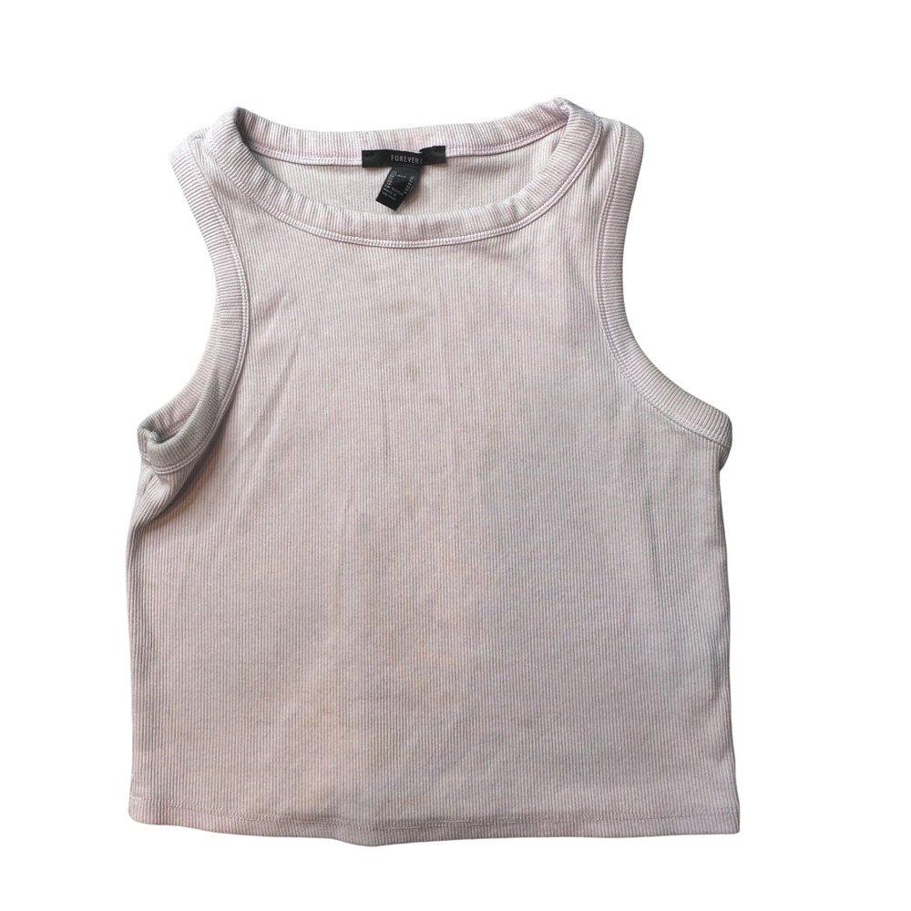 Forever 21 Tank Top Kids M Pink Ribbed Crew Neck Sleeveless Cropped Basic